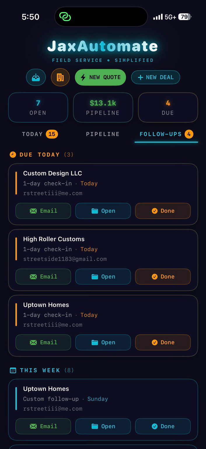 JaxAutomate follow-up screen showing customer tasks due today and this week
